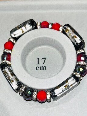 Red Black Silver & Gold Art Glass Bead Stretch Bracelet – Statement Jewelry